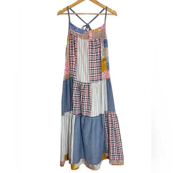 NWT Easel Boho Patchwork Maxi Dress Size M Linen Cotton Adjustable Festivals - Picture 4 of 15